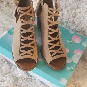 Soda Block Heel Open Toe Bootie Size 10